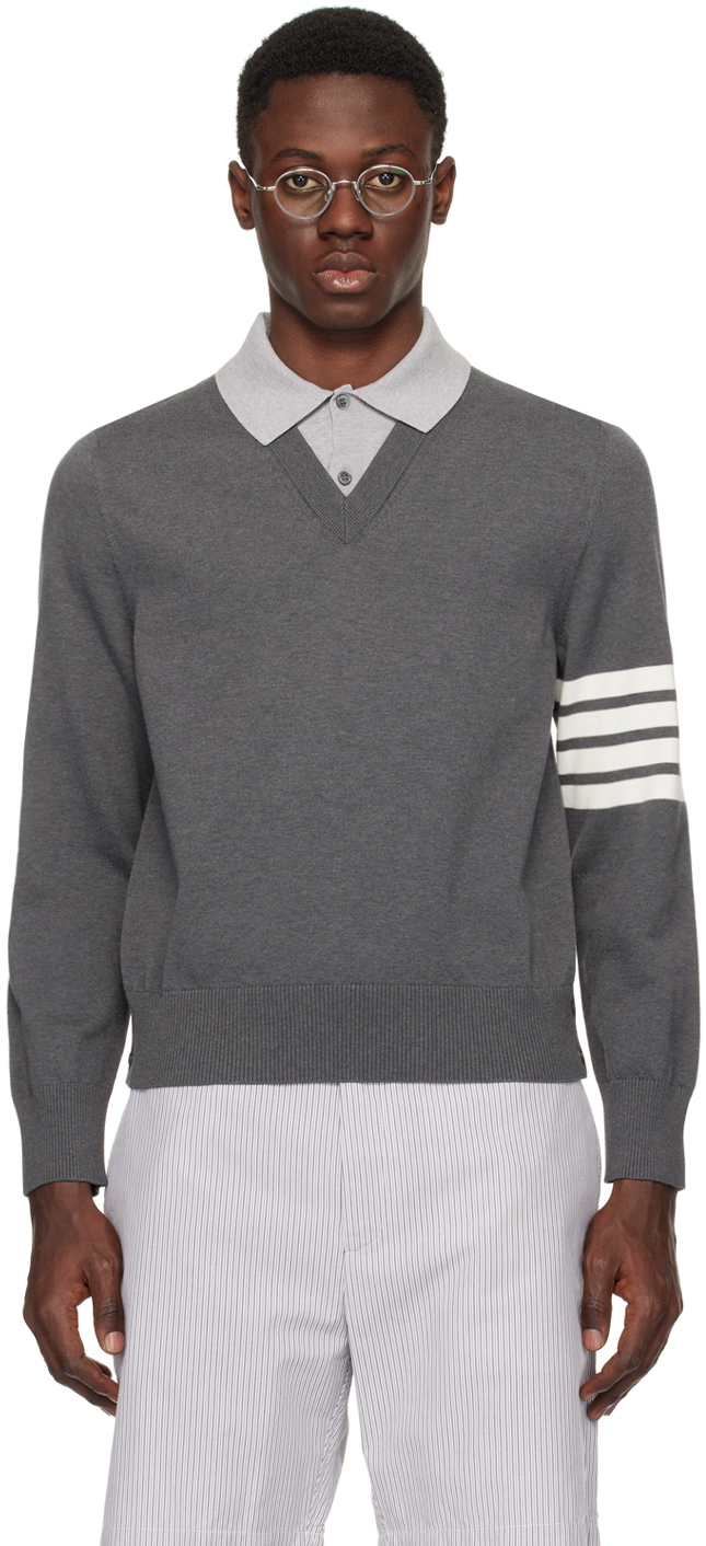 Thom Browne Gray 4-bar Long Sleeve Polo In 035 Med Grey