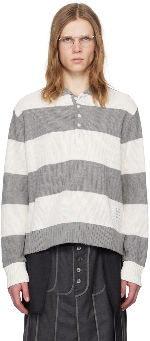 Thom Browne Gray Striped Polo In 055 Lt Grey