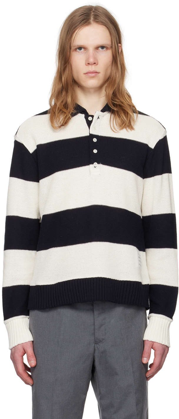 Thom Browne Navy Striped Polo In 415 Navy