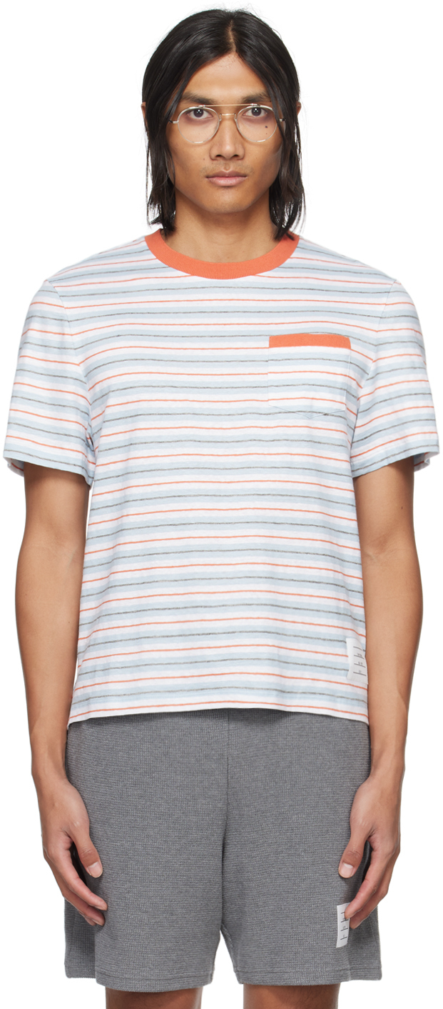 Shop Thom Browne Orange & Blue Striped T-shirt In 460 Medium Blue