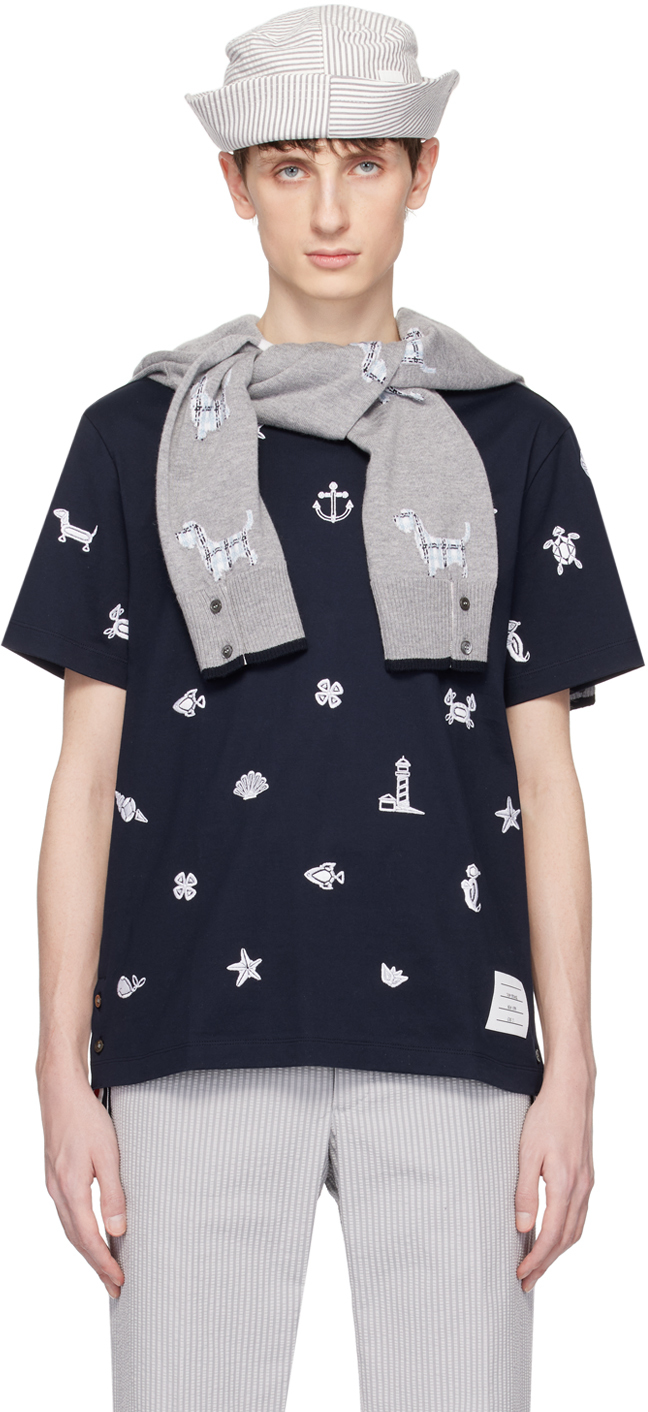Shop Thom Browne Navy Embroidered T-shirt In 415 Navy