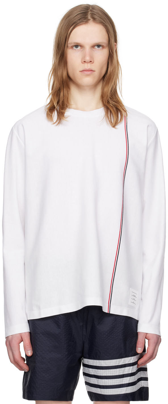 Thom Browne White Striped Long Sleeve T-shirt In 100 White