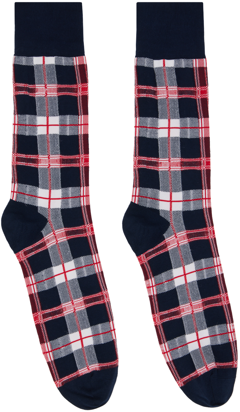 Thom Browne: Navy Check Socks | SSENSE