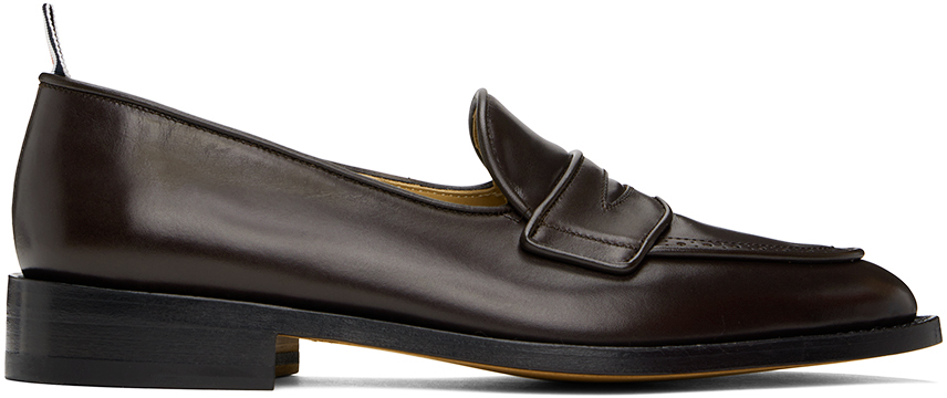 Thom Browne Brown Vitello Calf Leather Varsity Penny Loafers In 210 Dark Brown