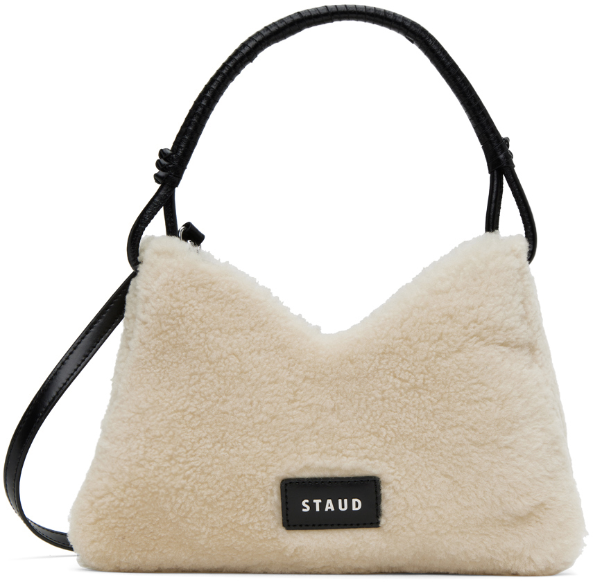 Shop Staud Off-white Valerie Shearling Shoulder Bag In Cream/black