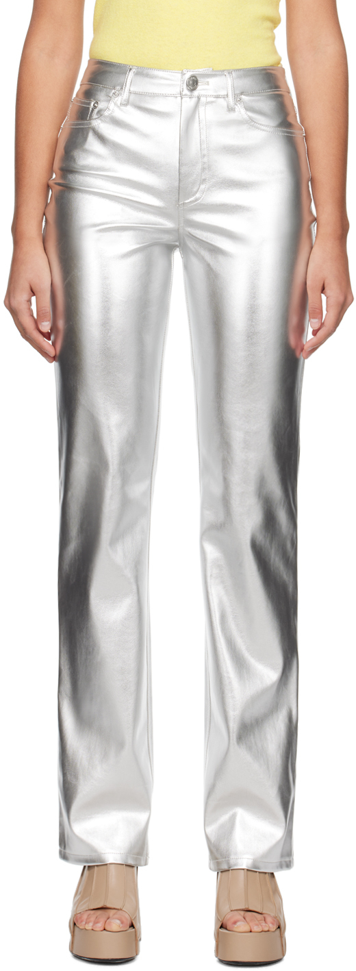 Shop Staud Silver Chisel Faux-leather Trousers In Slvr Silver