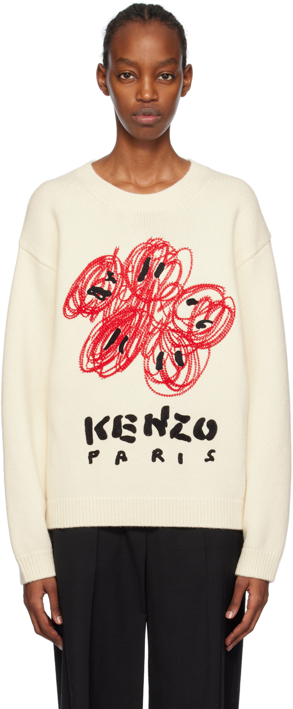 Shop Kenzo Off-white  Paris Drawn Varsity Sweater In Off White