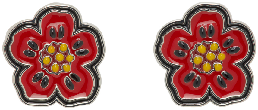 Shop Kenzo Red & Silver  Paris  Crest Earrings In Medium Red