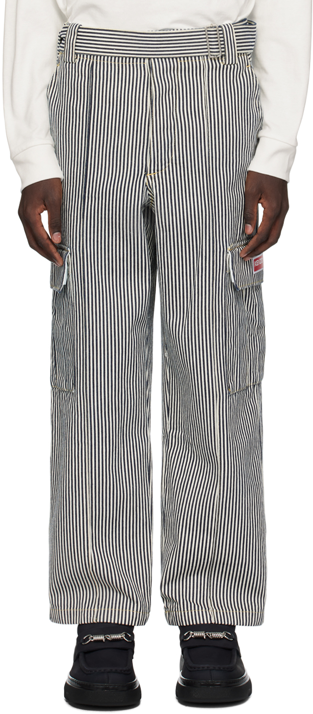 Kenzo Black & White  Paris Striped Denim Cargo Pants In Rinse Blue Denim