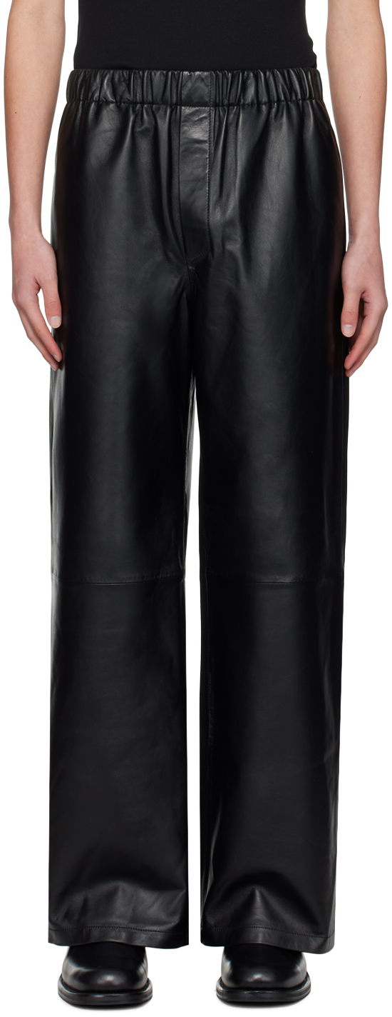 Black Elasticized Leather Pants