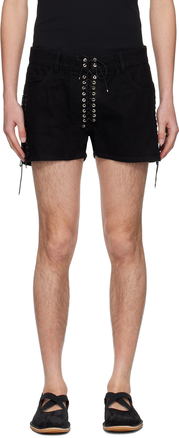 Black Lace Up Denim Shorts by Ludovic de Saint Sernin on Sale