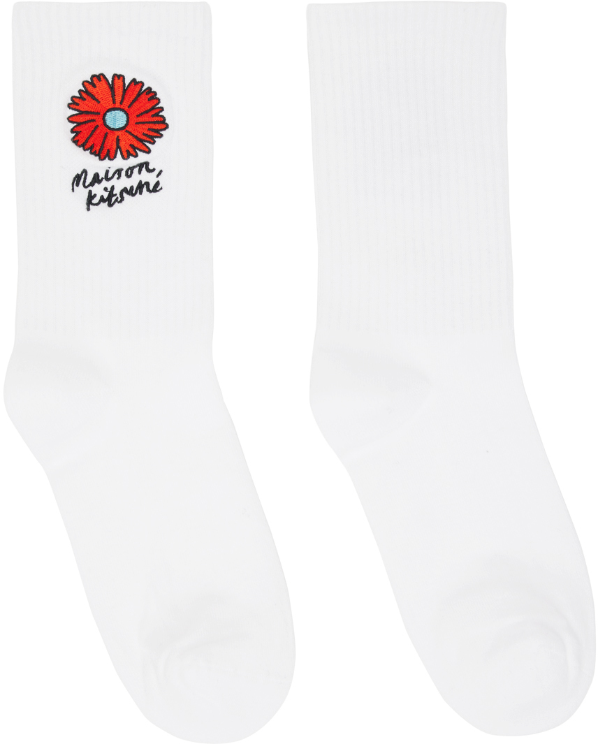 Shop Maison Kitsuné White Floating Flower Sporty Socks In P100 White