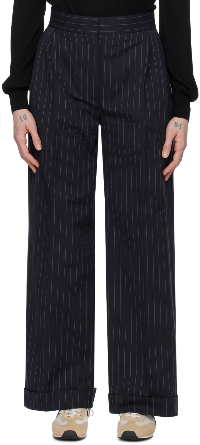 Shop Maison Kitsuné Navy Double Pleats Trousers In S480 Navy Stripes