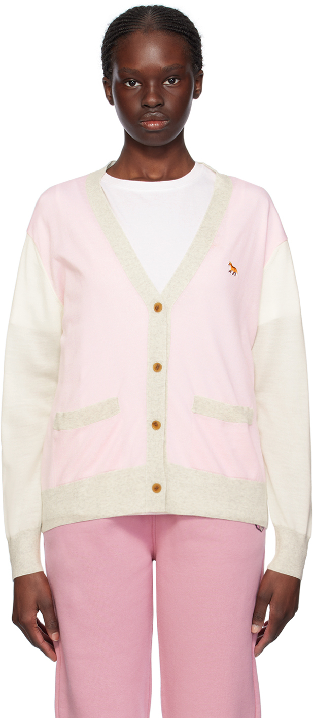 Shop Maison Kitsuné マルチカラー ベビーフォックス カーディガン In P603 Pale Pink