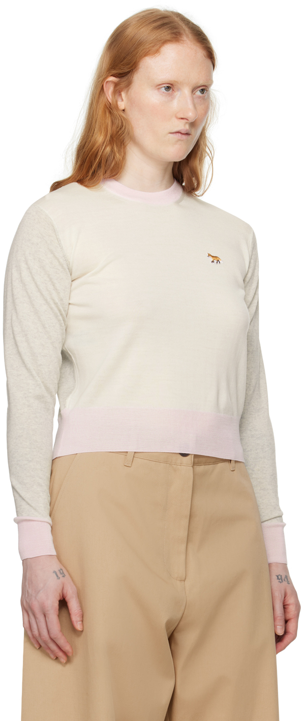 MAISON KITSUNÉ TAUPE & PINK BABY FOX SWEATER 