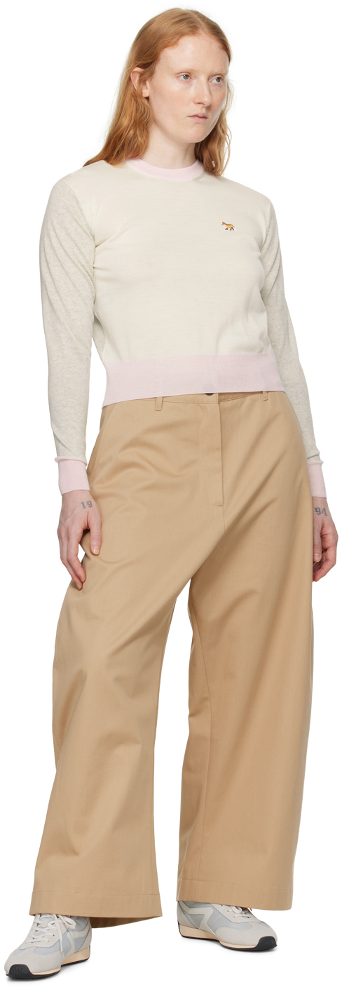 MAISON KITSUNÉ TAUPE & PINK BABY FOX SWEATER 