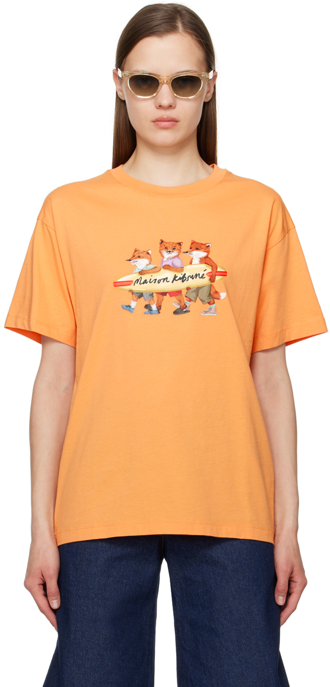 Shop Maison Kitsuné Orange Surfing Foxes T-shirt In P822 Sunset Orange