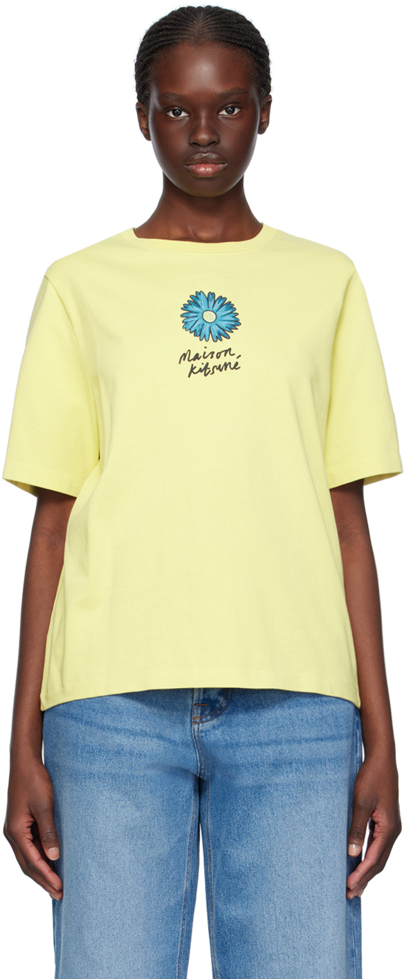 Shop Maison Kitsuné Yellow Floating Flower T-shirt In P726 Lemonade