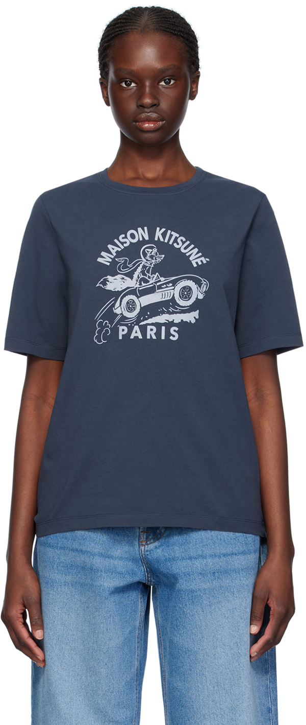 Shop Maison Kitsuné Navy Racing Fox T-shirt In P476 Ink Blue
