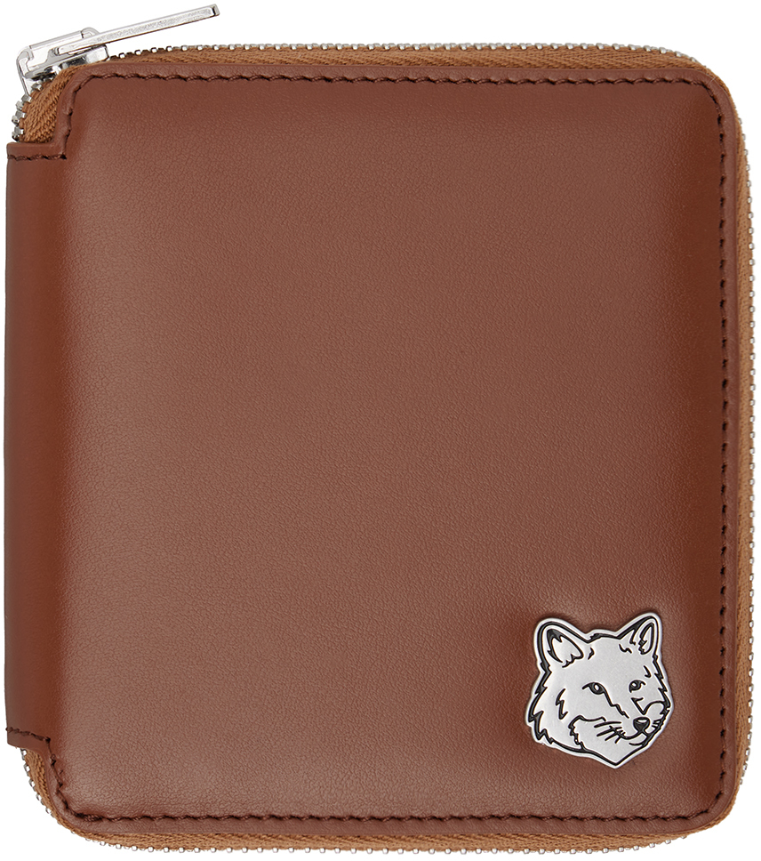 Shop Maison Kitsuné Brown Fox Head Square Zipped Wallet In P298 Dark Brown