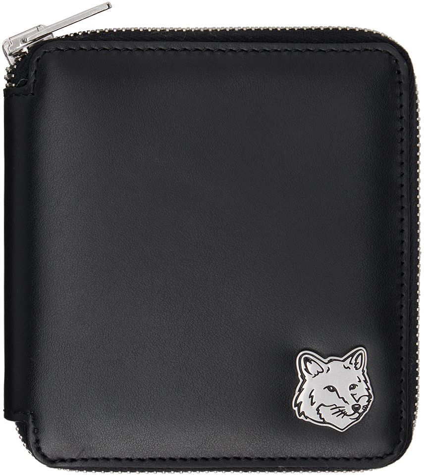 Shop Maison Kitsuné Black Fox Head Square Zipped Wallet In P199 Black