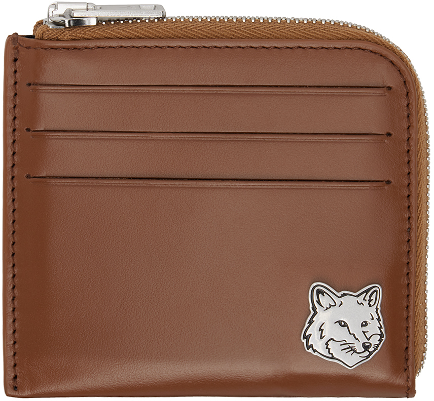 Shop Maison Kitsuné Brown Fox Head Zipped Wallet In P298 Dark Brown