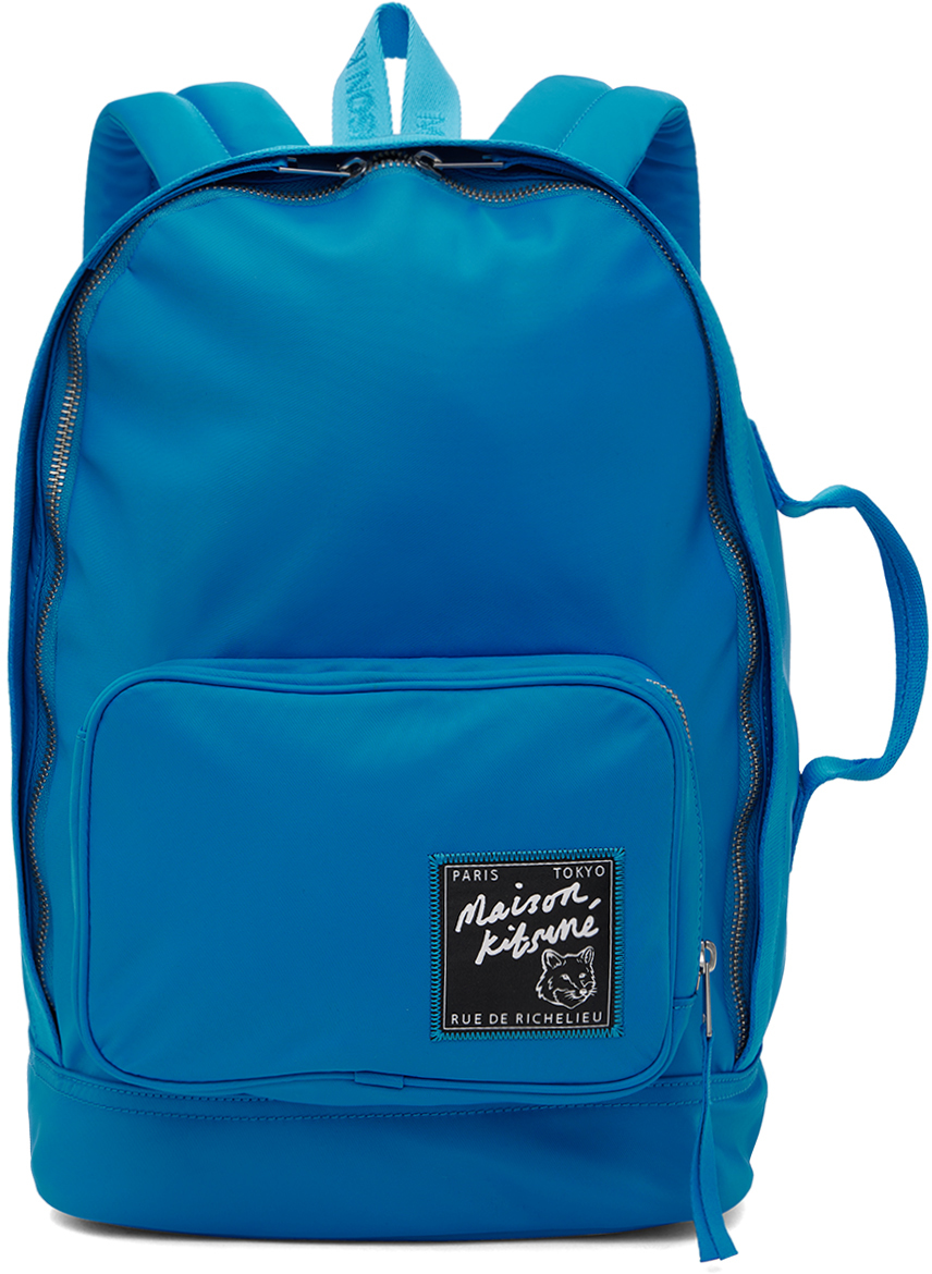 Shop Maison Kitsuné Blue 'the Traveller' Backpack In P451 Enamel Blue