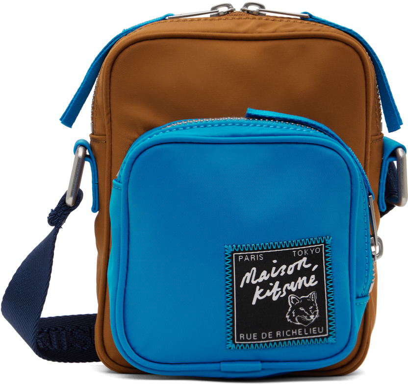 Maison Kitsuné Tan & Blue 'the Traveller' Crossbody Bag In Brown