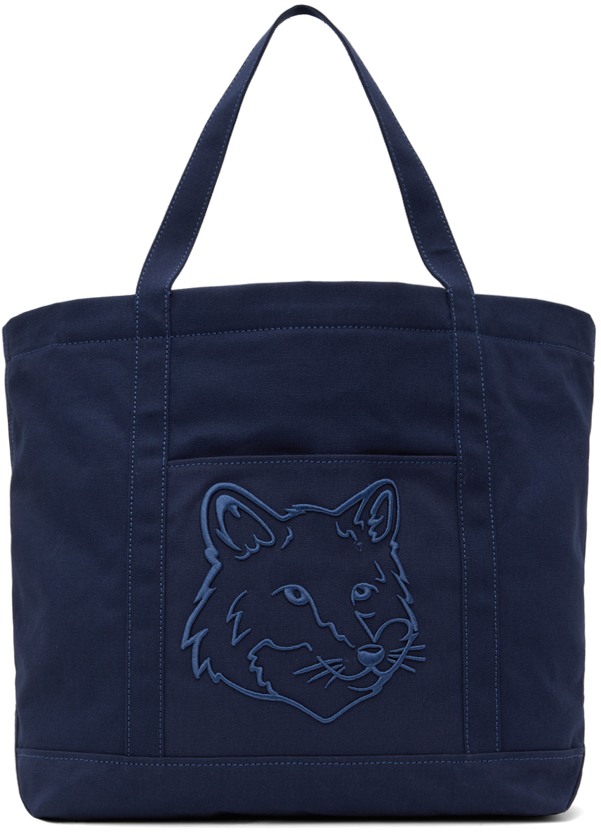 Maison Kitsuné Navy Fox Head Large Tote In P476 Ink Blue