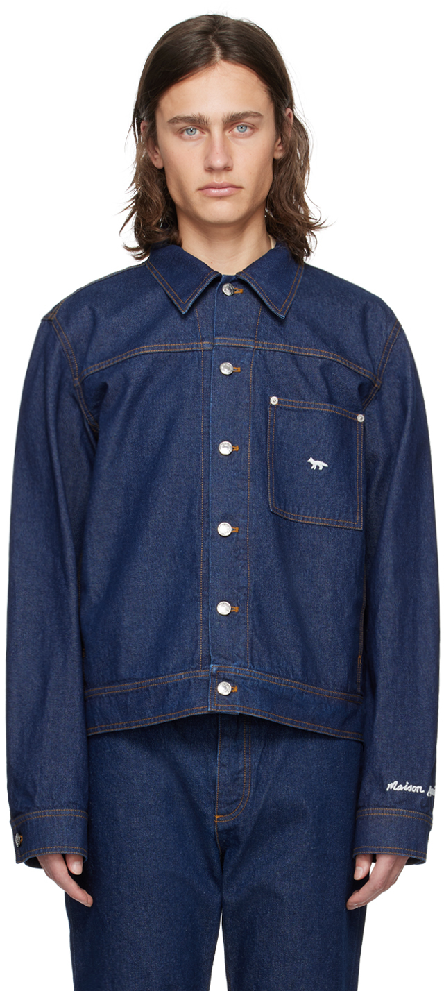 Indigo Embroidered Denim Jacket by Maison Kitsuné on Sale