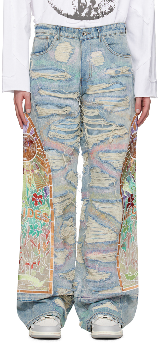 Shop Who Decides War Blue Embroidered Jeans In Multi