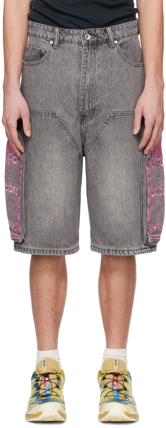 Gray Embroidered Denim Shorts
