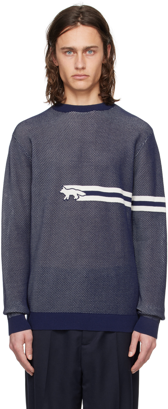 Shop Maison Kitsuné Navy Flash Fox Sweater In P492 Deep Navy