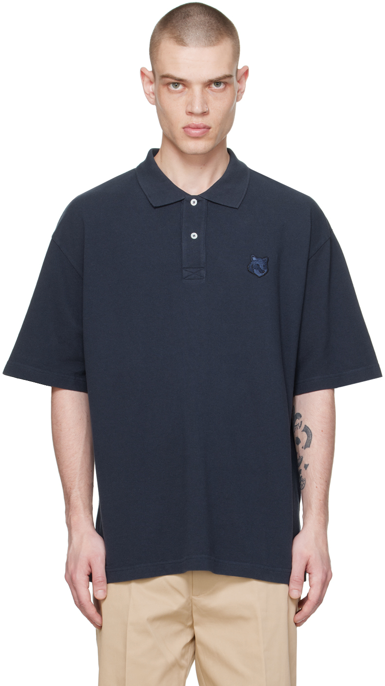 Navy Bold Fox Head Polo by Maison Kitsuné on Sale