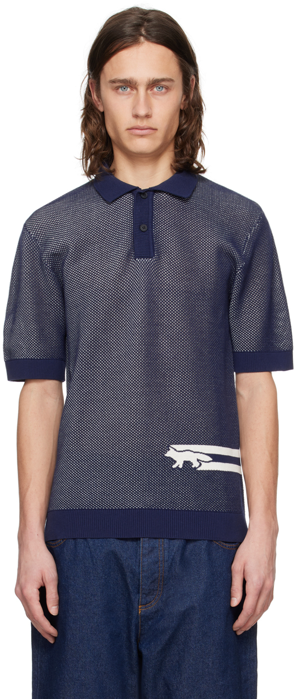 Shop Maison Kitsuné Navy Flash Fox Polo In P492 Deep Navy