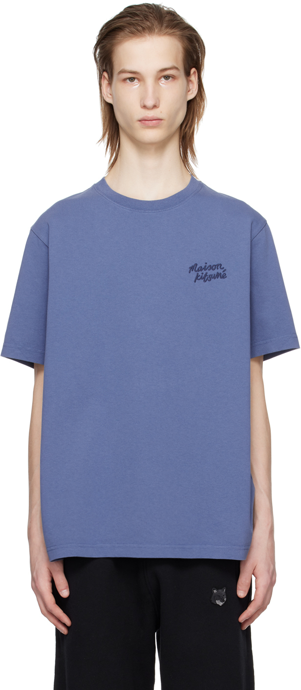 Shop Maison Kitsuné Blue Handwriting T-shirt In P433 Storm Blue
