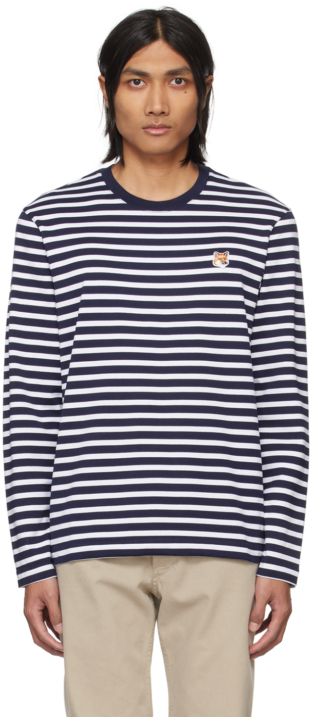 Shop Maison Kitsuné Navy & White Fox Head Long Sleeve T-shirt In S480 Navy Stripes