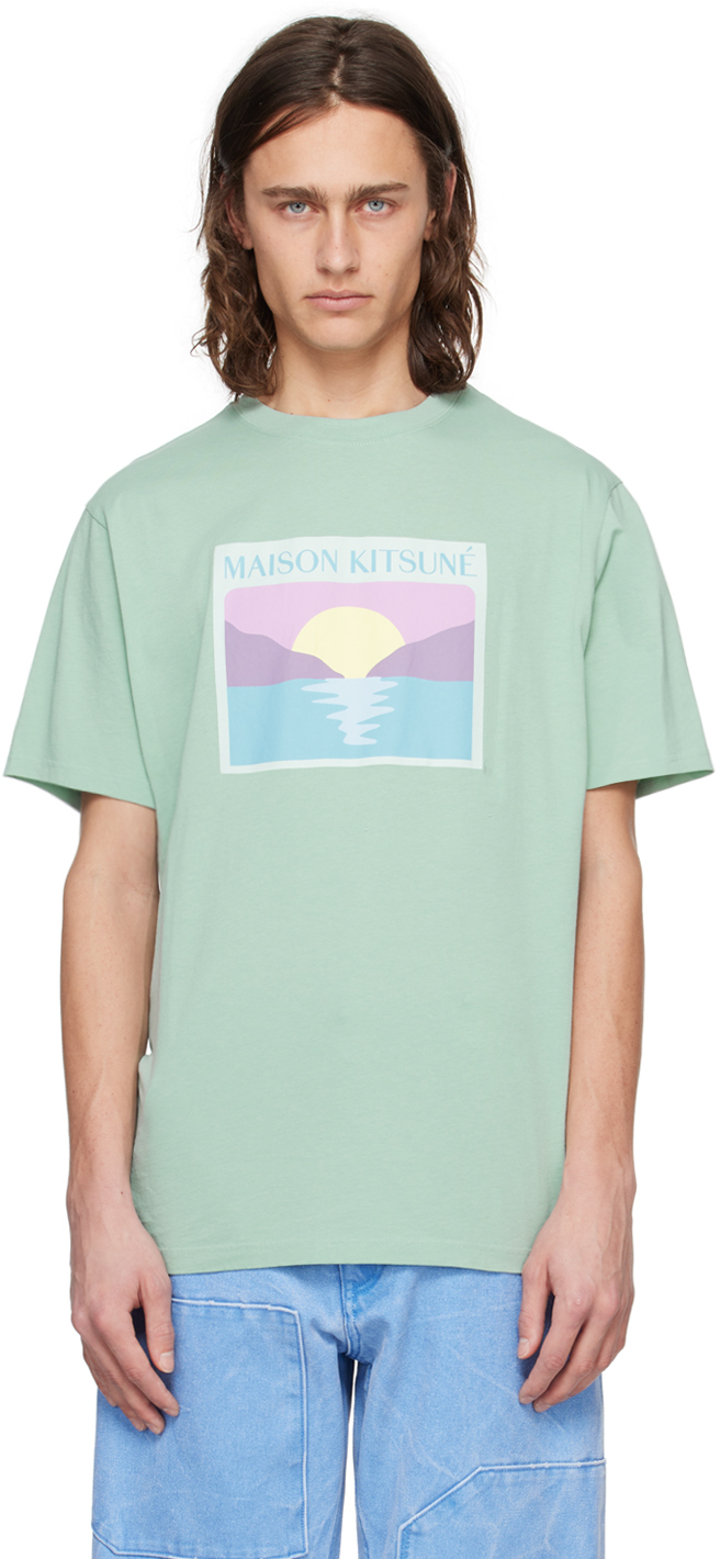 Shop Maison Kitsuné Green Sunset Postcard T-shirt In P417 Seafoam Blue