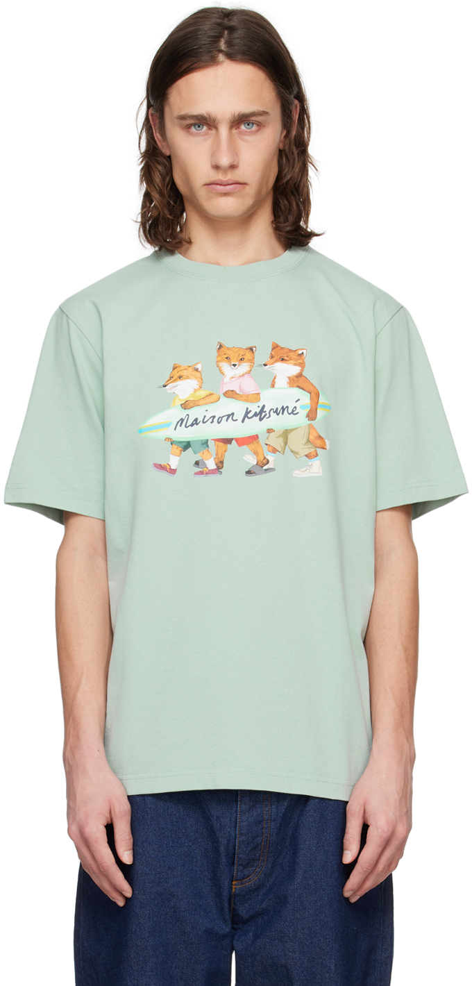 Shop Maison Kitsuné Green Surfing Foxes T-shirt In P417 Seafoam Blue