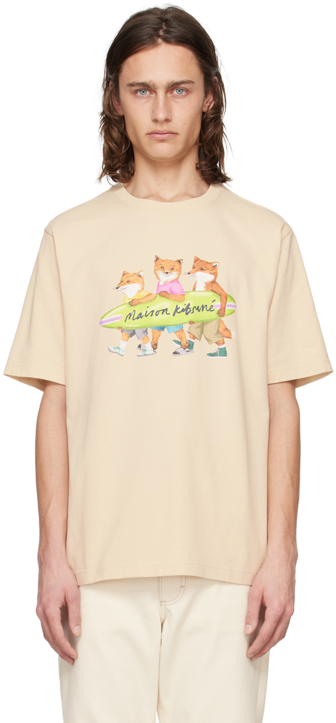 Shop Maison Kitsuné Beige Surfing Foxes T-shirt In P205 Paper