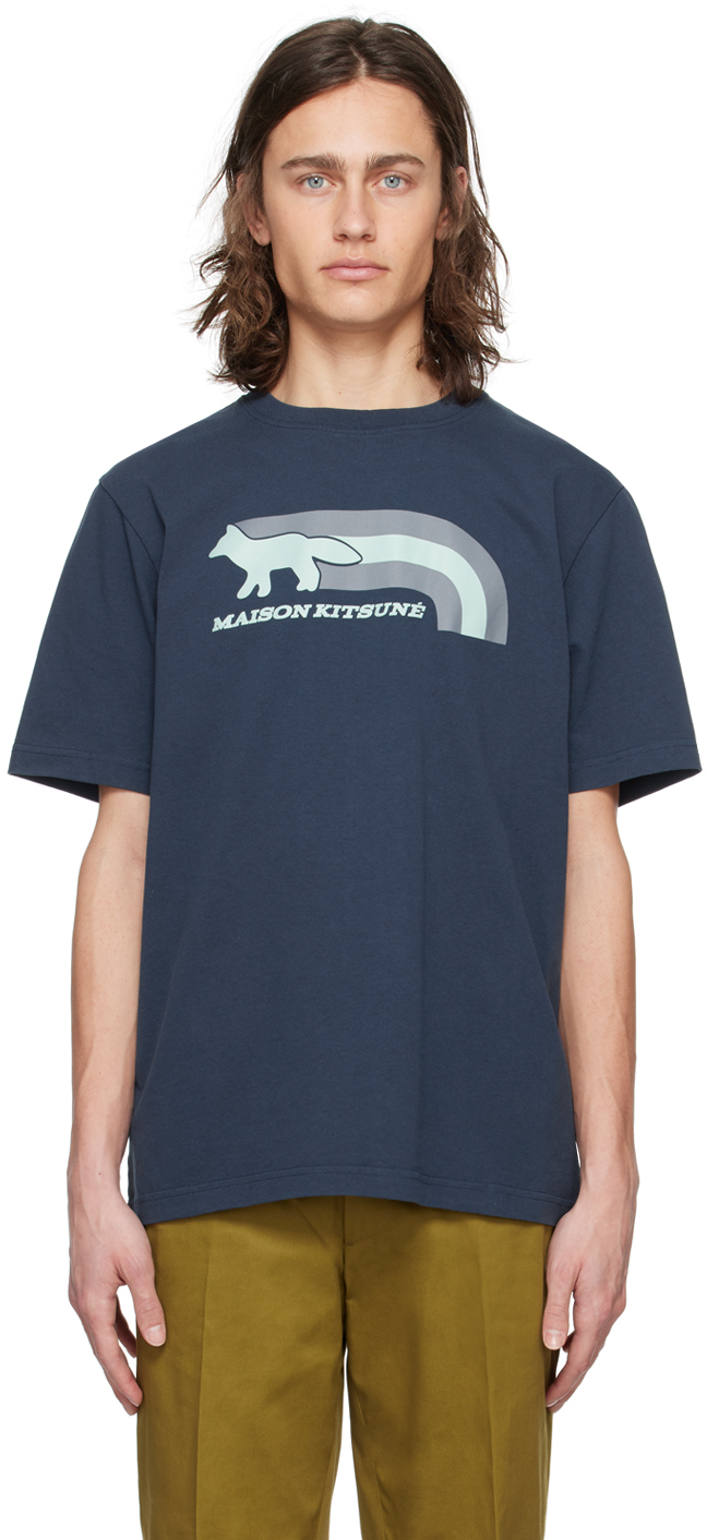 Navy Flash Fox T Shirt By Maison Kitsun On Sale