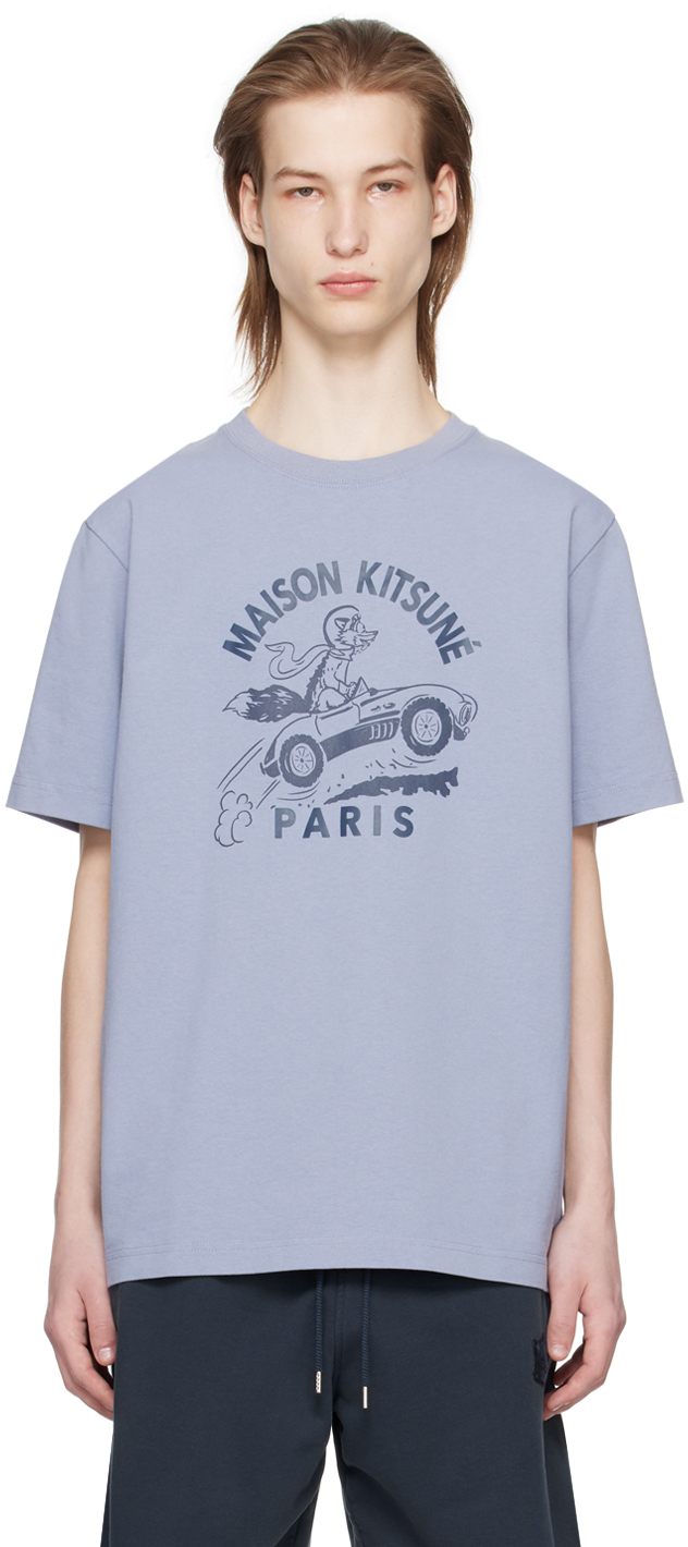 【関税込み】Maison Kitsune ネイビー Racing Fox Tシャツ Blue Racing Fox T-Shirt by Maison Kitsuné on Sale