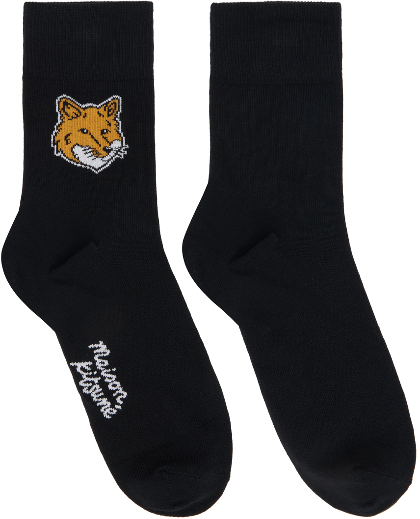 Maison Kitsuné Black Fox Head Socks In P199 Black