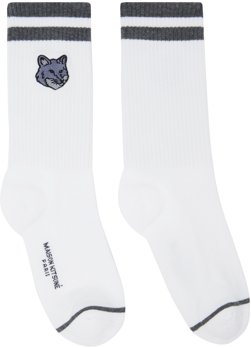 Shop Maison Kitsuné White & Gray Bold Fox Head Sporty Socks In H170 Dark Grey Mel