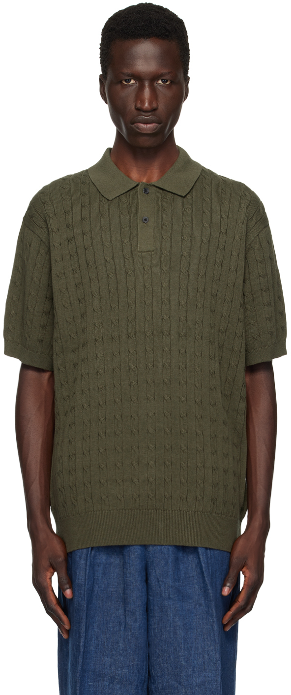 Khaki Cable Knit Polo by BEAMS PLUS on Sale