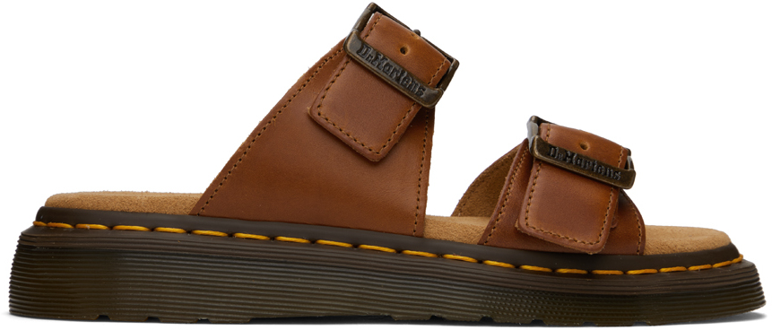 Shop Dr. Martens' Tan Josef Leather Buckle Slides In Oak Analine