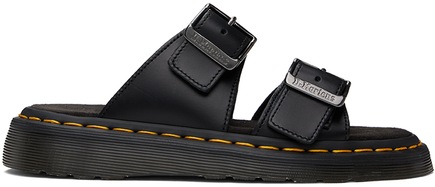 Shop Dr. Martens' Black Josef Leather Buckle Slide Sandals In Black Analine