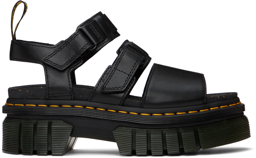 Black Ricki Leather 3-Strap Platform Sandals