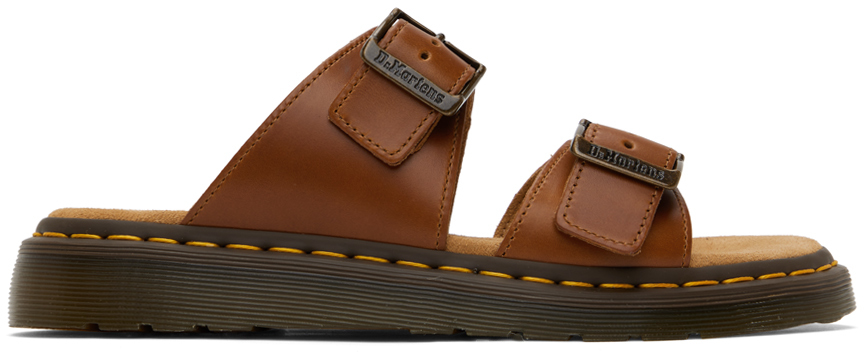 Shop Dr. Martens' Tan Josef Leather Buckle Slide Sandals In Oak Analine