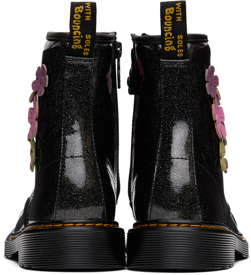 Dr. Martens' Kids Black 1460 Flower Appliqué Big Kids Boots In Coated Glitter